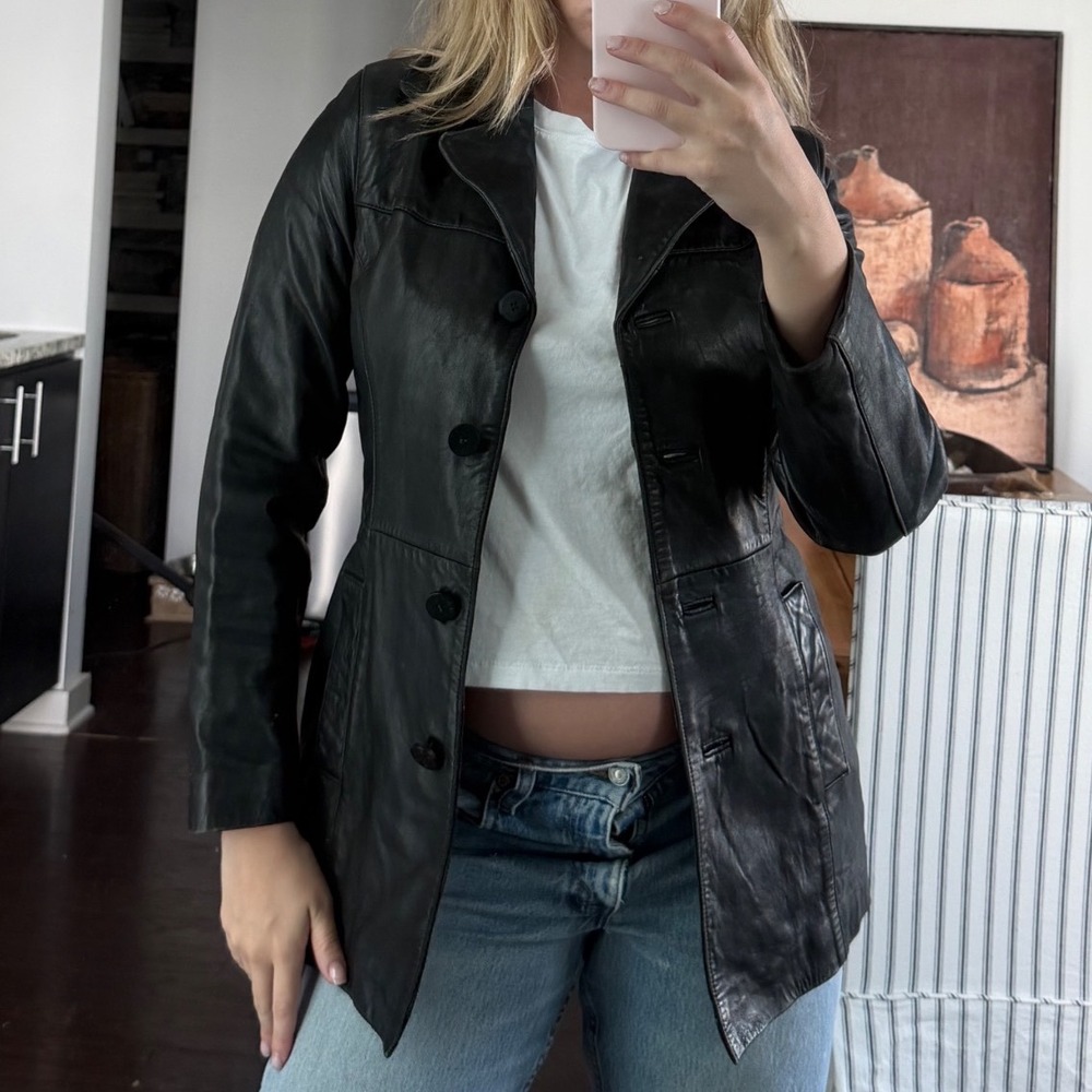 Vintage Nine West Black Leather Longline Jacket